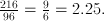 \frac{216}{96} = \frac {9}{6}=2.25.