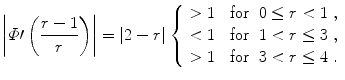 
$$\displaystyle{ \left \vert \varPhi \prime\left (\frac{r - 1} {r} \right )\right \vert = \left \vert 2 - r\right \vert \left \{\begin{array}{rcl} > 1&\mbox{ for}&0 \leq r < 1\;, \\ < 1&\mbox{ for}&1 < r \leq 3\;, \\ > 1&\mbox{ for}&3 < r \leq 4\;. \end{array} \right. }$$
