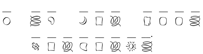 Puzzle: First word: circle. Second word: curlicue 1, bean 1. Third word: moon, rectangle 2, curlicue 4. Fourth word: rectangle 1, rectangle 6, rectangle 6, curlicue 3. Fifth word: leaf, rectangle 2, curlicue 4, bean 3, rectangle 2, curlicue 4, sun, curlicue 3.