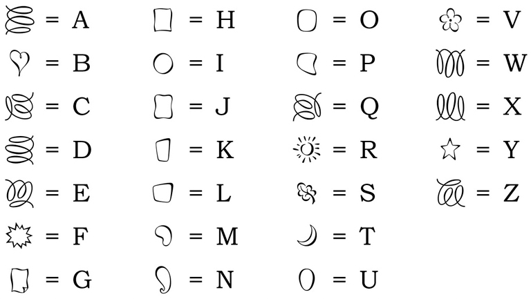 Puzzle key: curlicue 1 = A. heart = B. curlicue 2 = C. curlicue 3 = D. curlicue 4 = E. starburst = F. rectangle 1 = G. rectangle 2 = H. circle = I. rectangle 3 = J. rectangle 4 = K. rectangle 5 = L. bean 1 = M. bean 2 = N. rectangle 6 = O. bean 3 = P. curlicue 5 = Q. sun = R. leaf = S. moon = T. egg = U. flower = V. curlicue 6 = W. curlicue 7 = X. star = Y. curlicue 8 = Z.