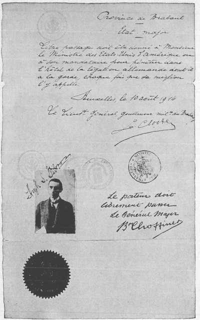 Pass issued by the Belgian military authorities to enable Mr. Gibson to enter the German Legation at Brussels