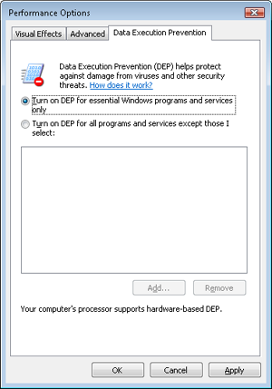 Data Execution Prevention tab settings