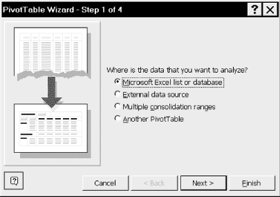 Step 1 in the PivotTable wizard