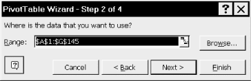 Step 2 in the PivotTable wizard