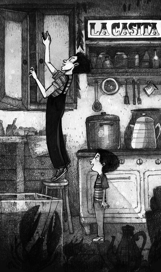 Illustration: Two boys stand inside a ktichen. The older, taller boy is standing on a stool. He reaches into a cabinet hung high on one of the walls. The younger, shorter boy watches from a little ways back. A sign on the kitchen wall reads, "La Casita".