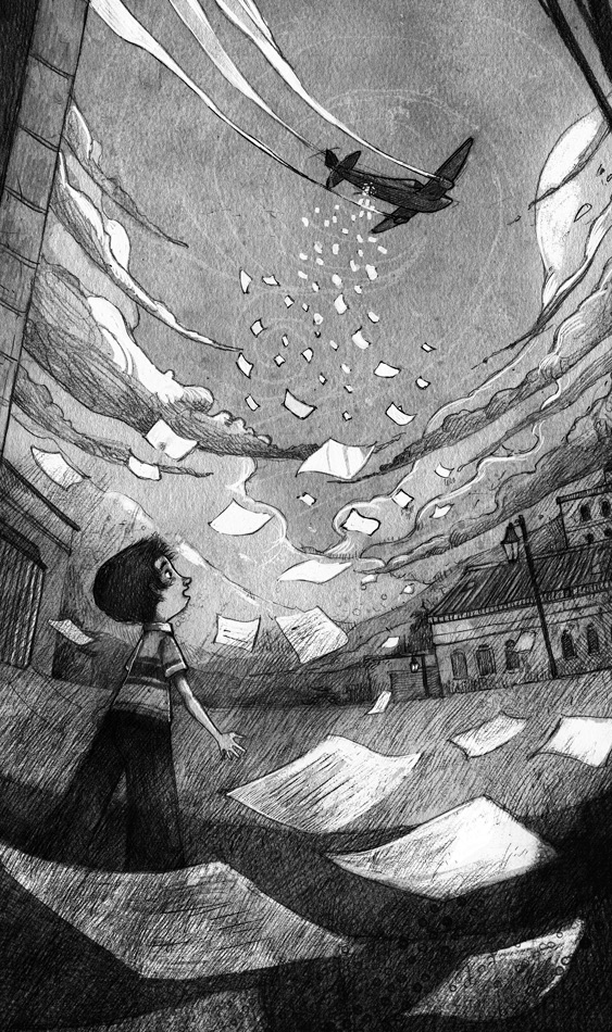 Illustration: David stares up at a passing plane that is showering the streets below in sheets of paper. There's something written on each sheet of paper, but from the presective of the viewer, the writing is illegible.