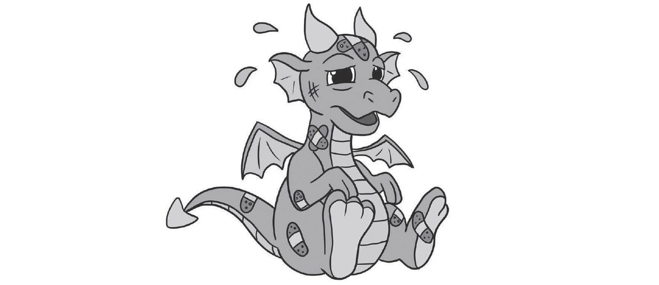 A dragon sitting on the ground wearing bandaids all over its body, looking worn out with big drops of sweat flying away from its head.