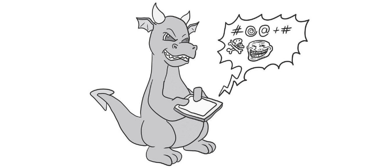 A young, mean-looking dragon holding a tablet. A speech bubble coming from the tablet shows a grawlix, a skull and crossbones, and a trollface.