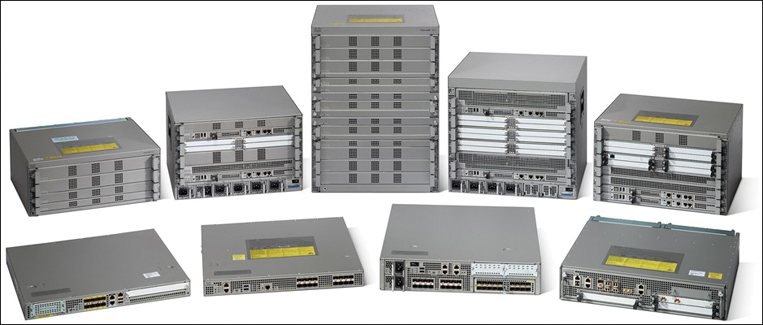 An image shows a set of Cisco ASR 1000 series each of different physical sizes.