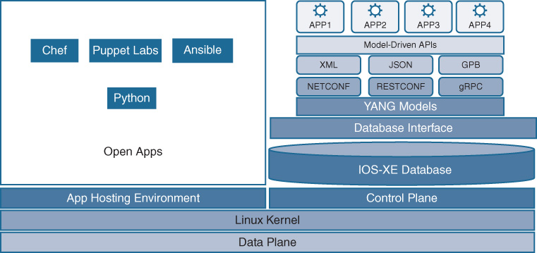 An illustration shows IOS XE Database enabling programmability.