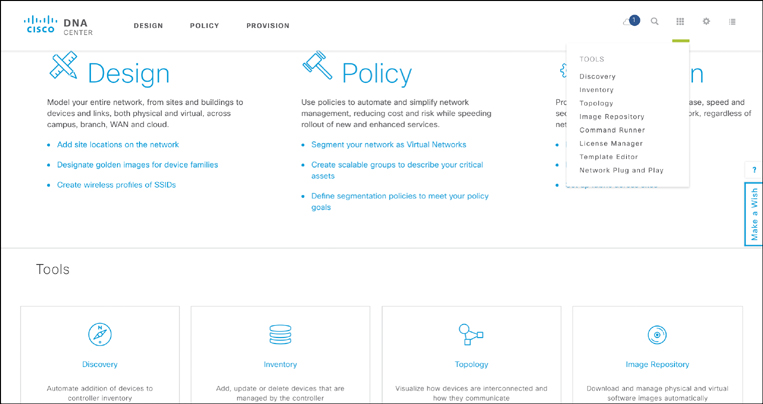 A screenshot of the Cisco DNA center page shows Workflows and Applications.