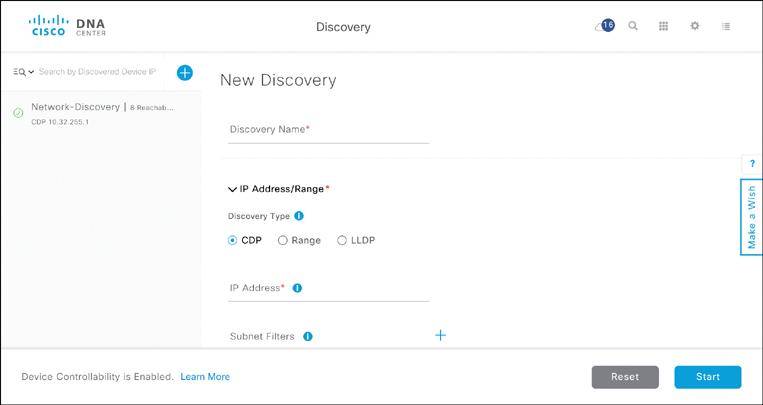 A screenshot of the Cisco DNA center page shows the use of Device Discovery Application to discover devices.