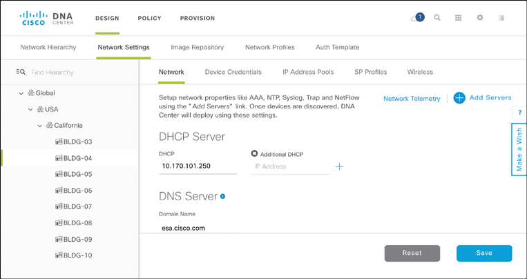 A screenshot of the Cisco DNA Center page shows DNA Center Design Workflow: Network Settings.