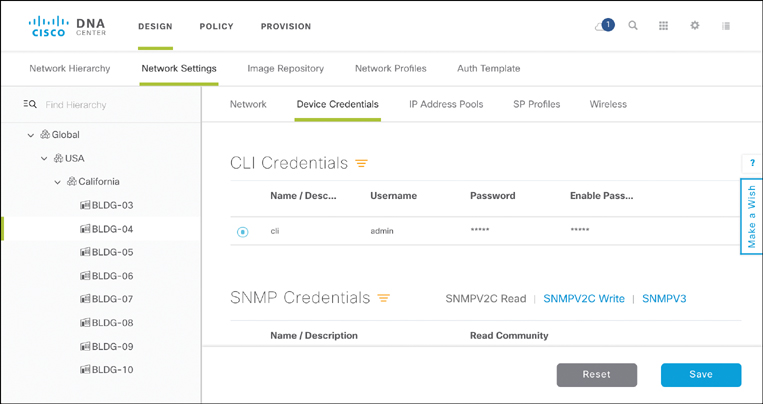 A screenshot of the Cisco DNA Center page shows DNA Center Design Workflow: Device Credentials.