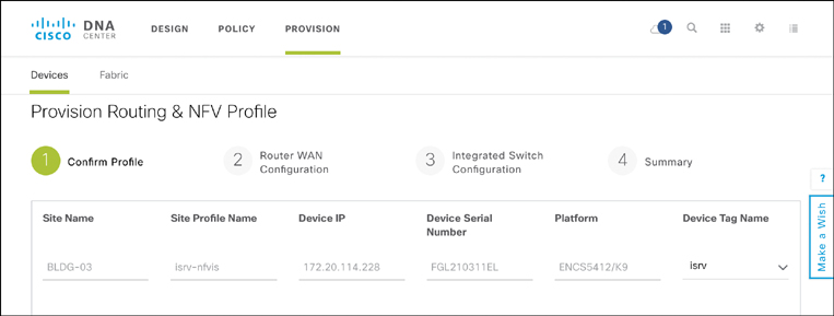 Fig 14-26 A screenshot of the Cisco DNA Center page shows DNA Center Provision Workflow: Confirming the Profile to Be Applied to a Device.