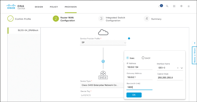 A screenshot of the Cisco DNA Center page shows DNA Center Provision Workflow: Specifying Site-Specific WAN Interface Parameters.