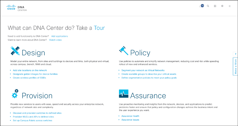 A screenshot of the Cisco DNA center Landing page is shown.