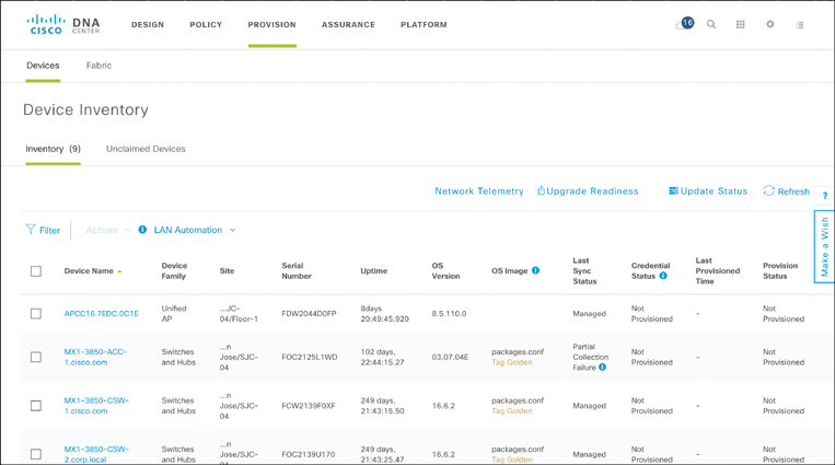 A screenshot of the DNA center page shows ENFV Provision workflow.