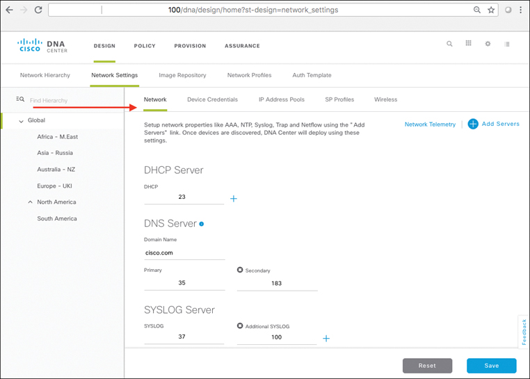 A screenshot of the Cisco DNA Center page shows DNA Center Design Workflow: Network Settings page.