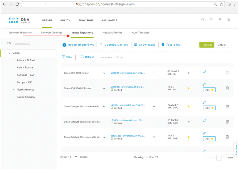 A screenshot of the Cisco DNA Center page shows Design Workflow: Image Repository Tab