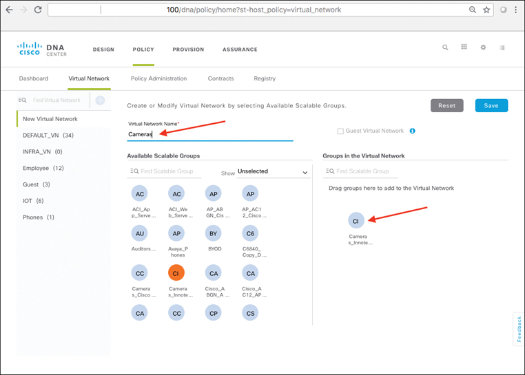 A screenshot of the DNA Center Policy Workflow: Assigning Groups to a Virtual Network is shown.