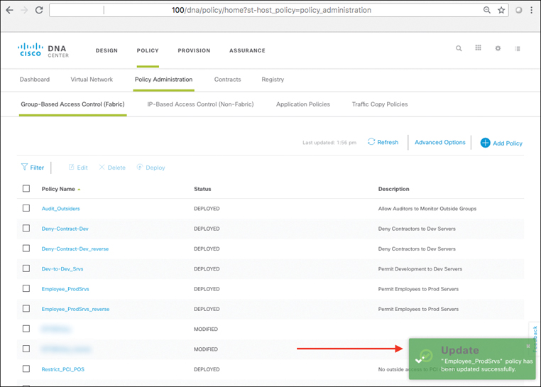 A screenshot of the DNA center page shows Successful policy change.