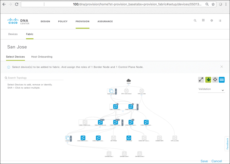 A screenshot of the DNA Center page shows Provision Workflow: Editing a Fabric Site.