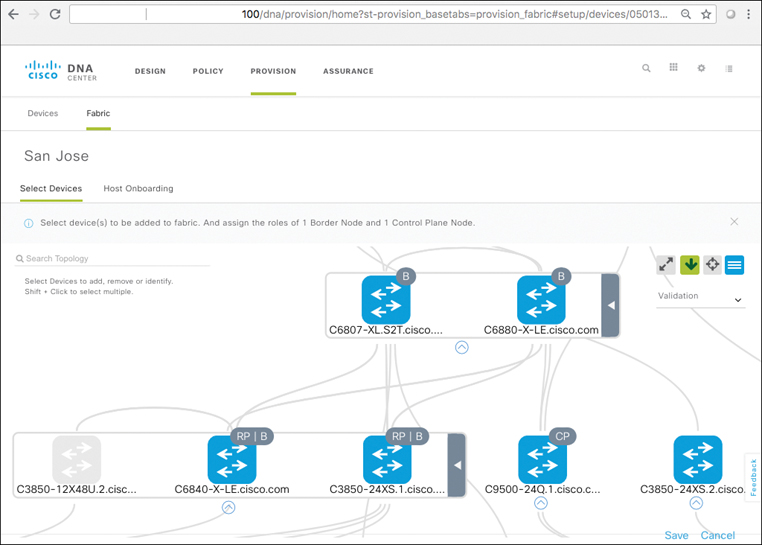 A screenshot of the DNA Center page shows editing a fabric site, Zoomed-In view of borders and control planes. corner of the page.