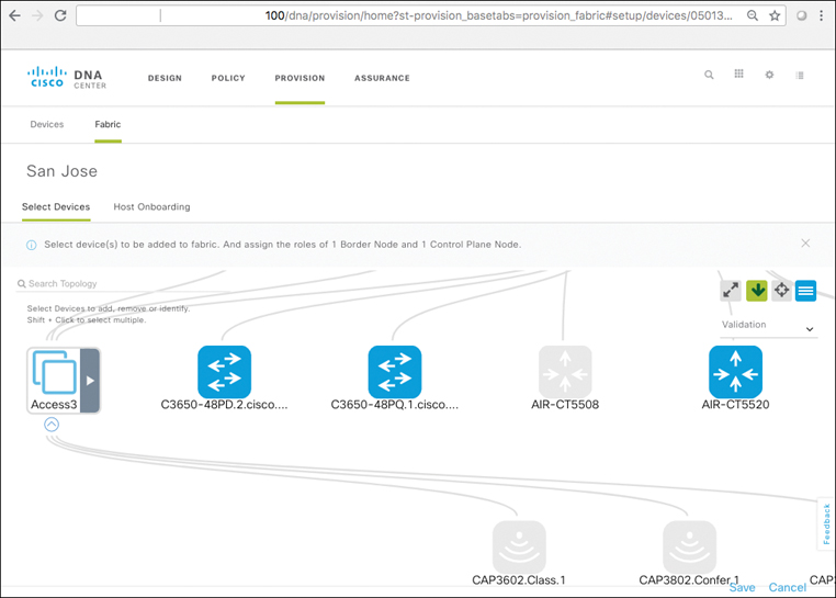 A screenshot of the DNA Center page shows editing a fabric site, Zoomed-In view of Edges and Wireless devices.