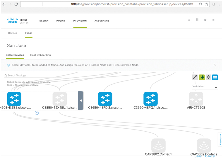 A screenshot of the DNA Center page shows editing a fabric site, Expanded device view.