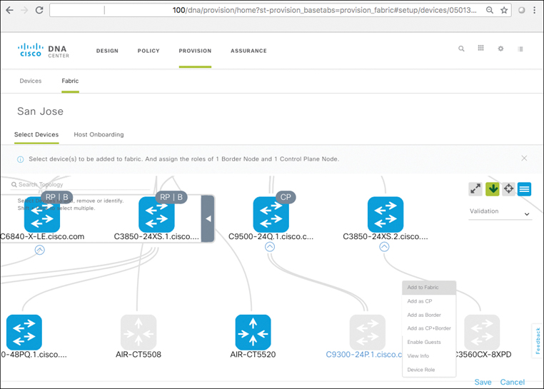 A screenshot of the DNA Center page shows editing a fabric site, Adding a Fabric Edge Switch.