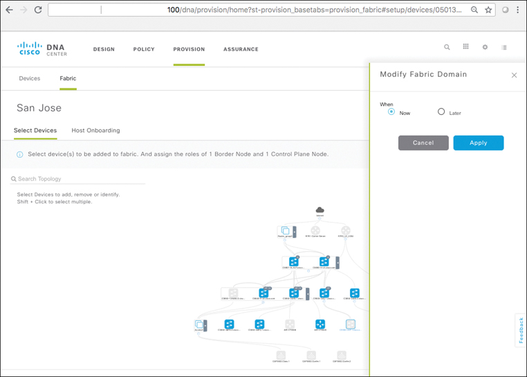 A screenshot of the DNA center shows Editing a Fabric Site, Adding a Fabric Edge Switch, Now or Later Option.