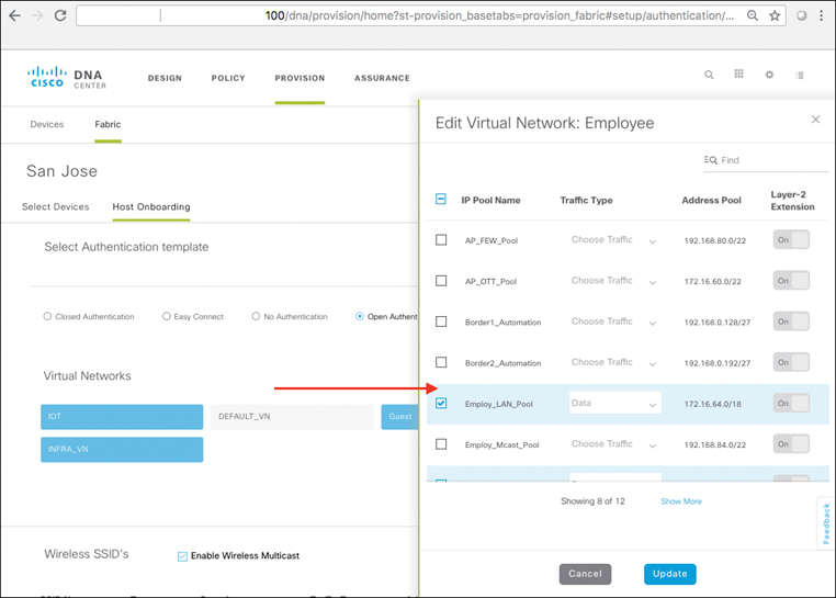 A screenshot of the DNA center page shows Host onboarding, VN and IP Host Pool configuration.