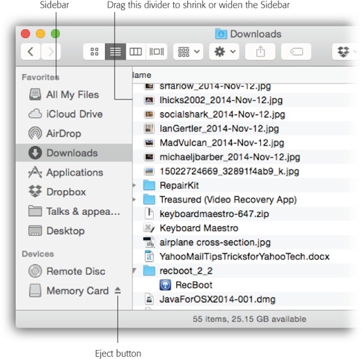 Good things to put in the Sidebar: favorite programs, disks on a network you often connect to, a document you’re working on every day, and so on. You can drag a document onto a folder icon to file it there, drag a document onto a program’s icon to open it with the “wrong” program, and so on.