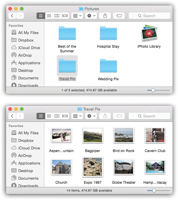 To help you avoid window clutter, Apple has designed OS X windows so that double-clicking a folder in a window (top) doesn’t actually open another window (bottom). Every time you double-click a folder in an open window (except in column view), its contents replace whatever was previously in the window. If you double-click three folders in succession, you still wind up with just one open window.