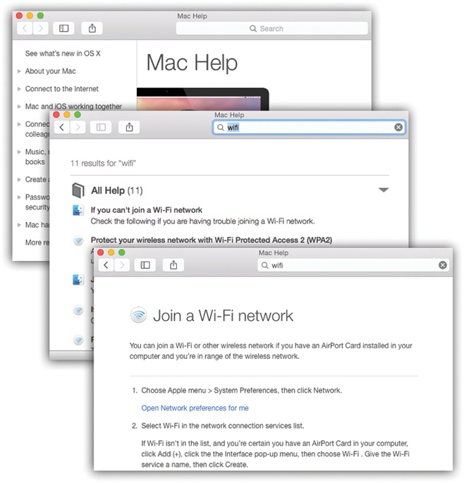 The Help Center (top) likes to help with big-ticket computer tasks like joining a network, setting up your email program, or browsing the Web. Once you perform a search for some topic (middle), you get a details page (bottom) that offers a list of finely grained step-by-steps.The Help windows try to be helpful by floating stubbornly in front of all your other windows. That, actually, can be frustrating, since you can’t see the software you’re reading about. The best solution is to make the window narrow and park it at the edge of your screen.