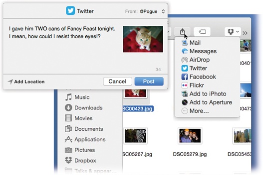 Lower right: The Share command in every Finder window offers direct access to several ways of transmitting a file.For example, you can post a photo on Twitter or Facebook (top left).