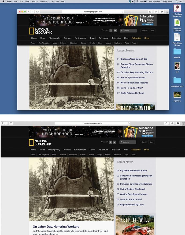 Top: So much for the glorious Web. You’re seeing a Web page segment, swimming in an ocean of toolbars, scroll bars, status bars, menu bars, and distracting desktop.Bottom: In Full Screen mode, Safari stretches to the very edges of your screen, and everything else disappears. (Your address bar and tab bars are still available in this case.)Each Full Screen app becomes its own desktop in Mission Control. And you can put a Full Screen app on each of your monitors, too.To leave Full Screen mode, move your cursor to the top of the screen so that the menu bar reappears. Click the green dot once again (top left of your document window).