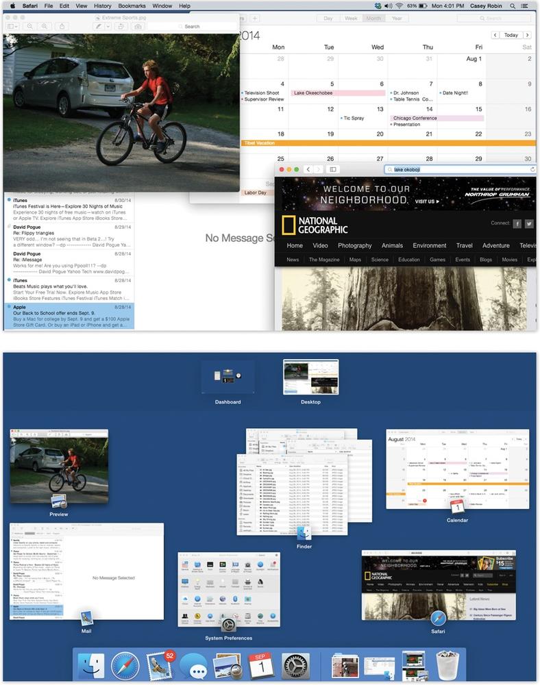 Top: Quick! Where’s the Finder in all this mess?Bottom: With a four-finger upward swipe on the trackpad, you can open Mission Control and spot that window, shrunken but not overlapped. Each program’s thumbnail cluster offers an icon and a label to help you identify it. These aren’t static snapshots of the windows at the moment you Mission Controlled them. They’re live, still-updating windows, as you’ll discover if one of them contains a QuickTime movie or a Web page that’s still loading.