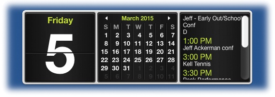 Click the “today’s date” panel to expand the second panel, which shows the month. (Click and to move a month at a time.) Click a third time to reveal whatever’s on the calendar for the remainder of the day today, as recorded in Calendar.