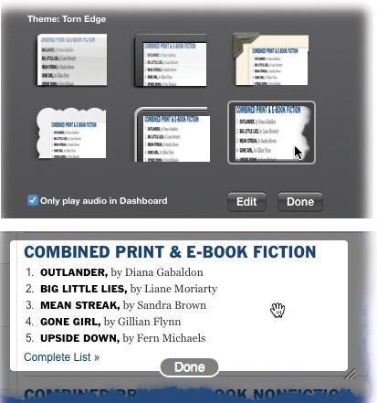 Top: Click a frame style to give your widget better-looking edges. If the widget plays sound, it keeps playing sound when you close the Dashboard unless you turn on “Only play audio in Dashboard.”Bottom: Click Edit to return to the front of the widget, where you can adjust its position on the underlying Web page.