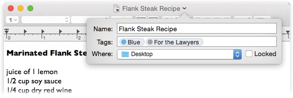 Point to the title of your document to see this secret menu. It lets you rename the document, change its tags, or file it into a new folder, without ever leaving the window.