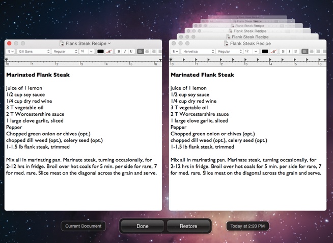 If you’ve ever used OS X’s Time Machine feature, this display should look familiar. It’s your chance to go back in time to recover an earlier, better version of your document (or just a part of it).