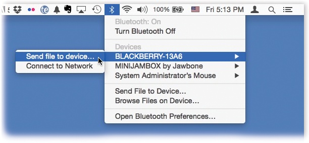 Once your Mac is paired with the other gadget, it’s easy to shoot a file to it wirelessly. In this example, you’ll start by choosing “Send file to device.”
