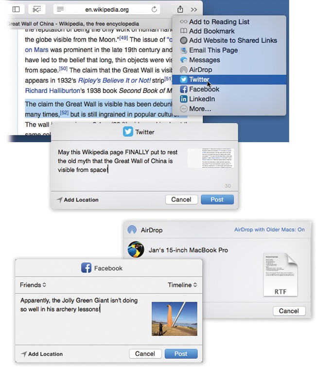 Top: Here’s how you might tweet a link to a page from Safari. Choose Twitter from the button; type a comment; click Post.Bottom: Other share sheets you might encounter. Lower left: posting a photo to Facebook. (Note the tiny pop-up menus. One lets you control who sees this post; the other specifies where it goes—which album, for example.)Lower right: sending a file using AirDrop.Keyboard fans: For Twitter or Facebook, press Shift-⌘-D to “click” the Send or Post button.