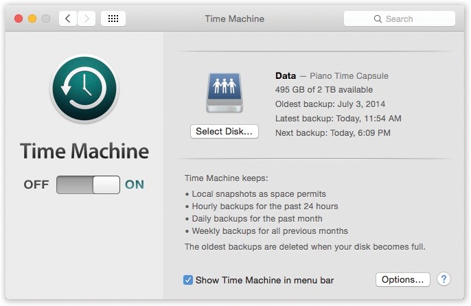 Use the big On/Off switch to shut off all Time Machine activity, although it would be hard to imagine why you’d want to risk it. You can click Select Disk to choose a different hard drive to represent the mirror of your main drive (after the first one is full, for example).