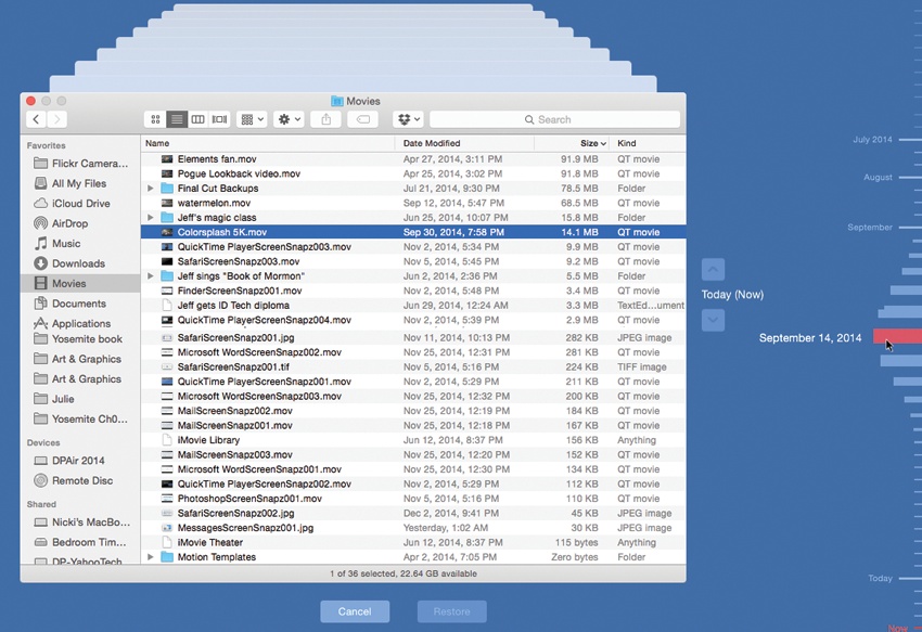 Top: Choose Enter Time Machine from the menulet. (If you don’t see this menulet, turn on “Show Time Machine in menu bar,” shown in Figure 6-16.)Bottom: The starry outer-space background of Time Machine is gone, but everything works the same way: You see dozens of copies of the Finder window, representing its condition at each backup, stretching back to the past.