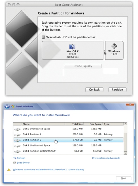 Top: How much hard drive space do you want to dedicate to your “PC”? It’s not an idle question; whatever you give Windows is no longer available for your Mac.Apple recommends that for Windows 8 or 8.1, the Windows partition should be at least 30 gigabytes.Drag the handle between the Mac and Windows sides of this diagram.Bottom: Choose the partition called “Disk 1 Partition 3 BOOTCAMP.” (The number may be different, but it will say “BOOTCAMP.”)Then click “Drive options (advanced),” click Format, click OK, and finally click Next. Your Windows partition is now formatted (it uses the NTFS formatting scheme, if anybody asks).