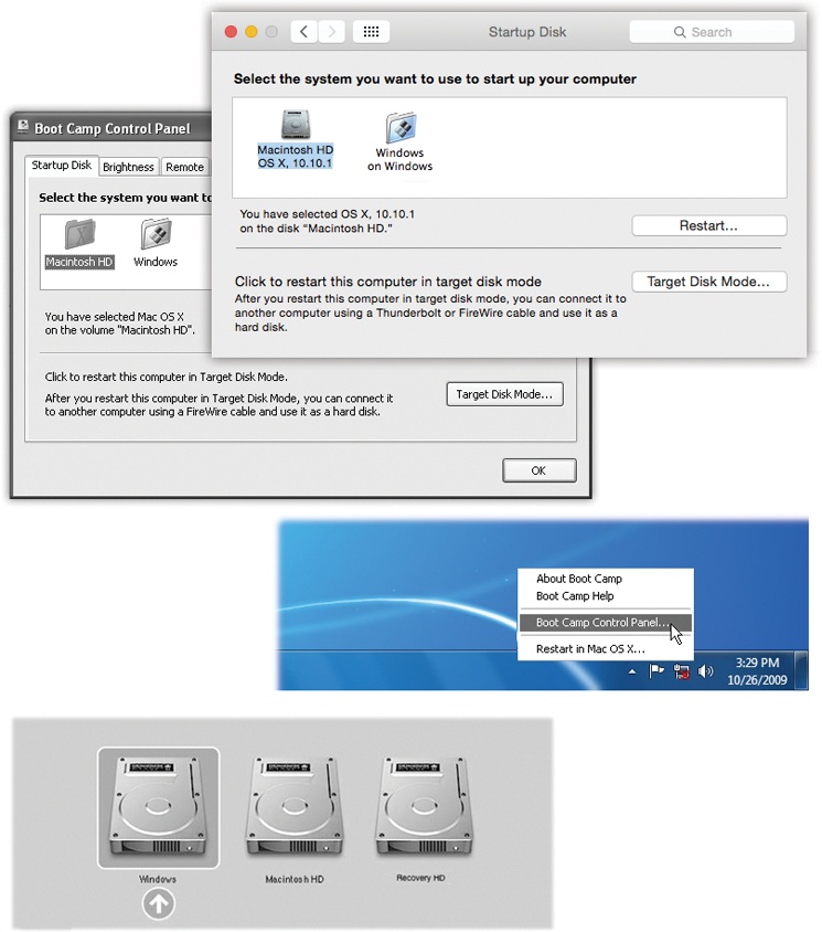 Top: To choose your preferred operating system—the one that always starts up unless you intervene—choose →System Preferences. Click Startup Disk, and then click the icon for either OS X or Windows. Next, either click Restart (if you want to switch right now) or close the panel. The identical controls are available when you’re running Windows, thanks to the new Boot Camp Control Panel.Middle: To open the Boot Camp control panel, choose its name from its icon in the Windows system tray.Bottom: This display, known as the Startup Manager, appears when you press Option during startup. It displays all the disk icons or partitions that contain bootable operating systems. Click the one you want, and then click the up-arrow button.