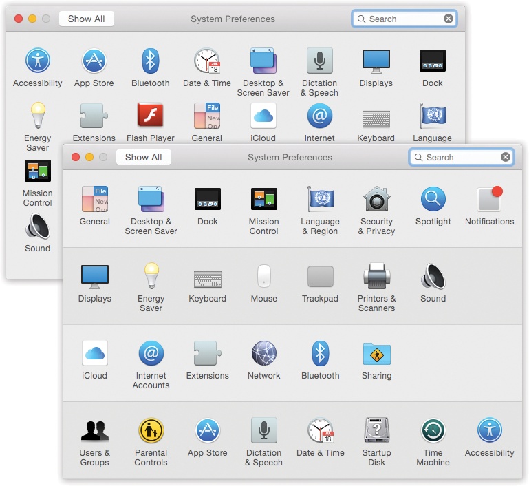 You can view System Preferences icons alphabetically (top), rather than in rows by function (bottom); just choose View→Organize Alphabetically. Non-Apple preference panes appear in a final row.Super-top-secret trick: If you choose Customize (from the View menu or, believe it or not, the Show All button), the icons here sprout checkboxes. You can turn off—and hide—the icons you never use. (You can still choose their names from the View menu.)